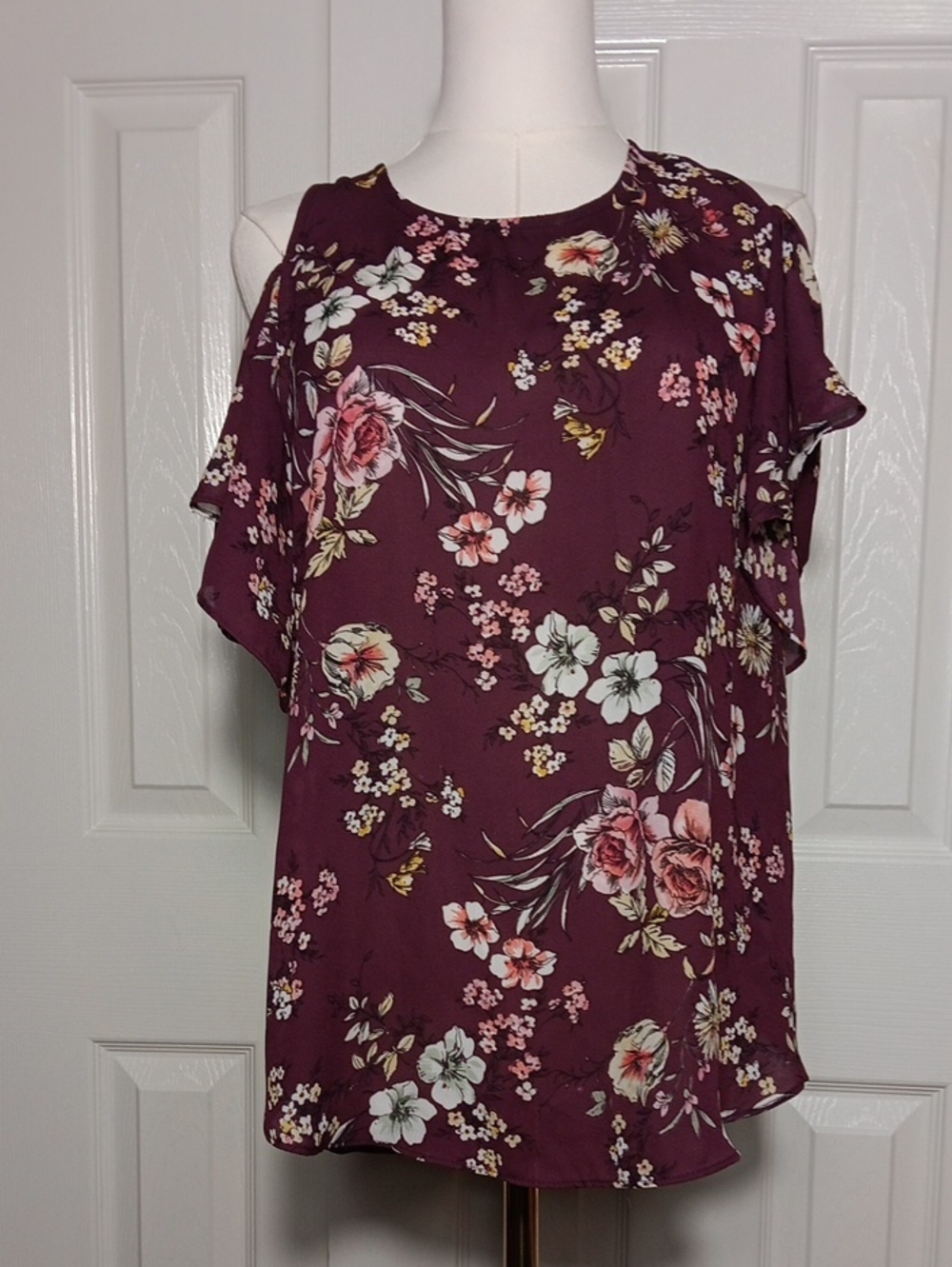 Iz Byer Floral Cold Shoulder Blouse Burgundy Wine Top M